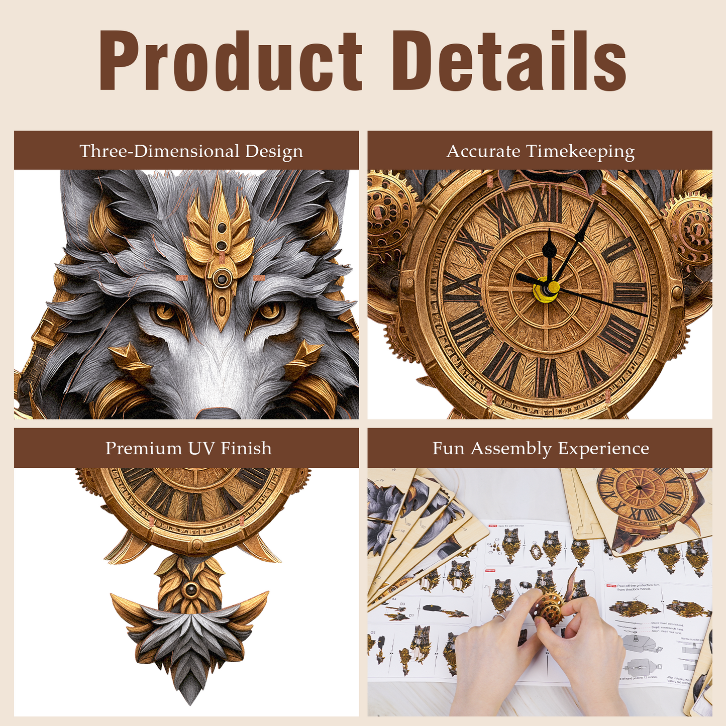 Wolf Totem 3D Wooden Puzzle Clock, DIY Craft Kit