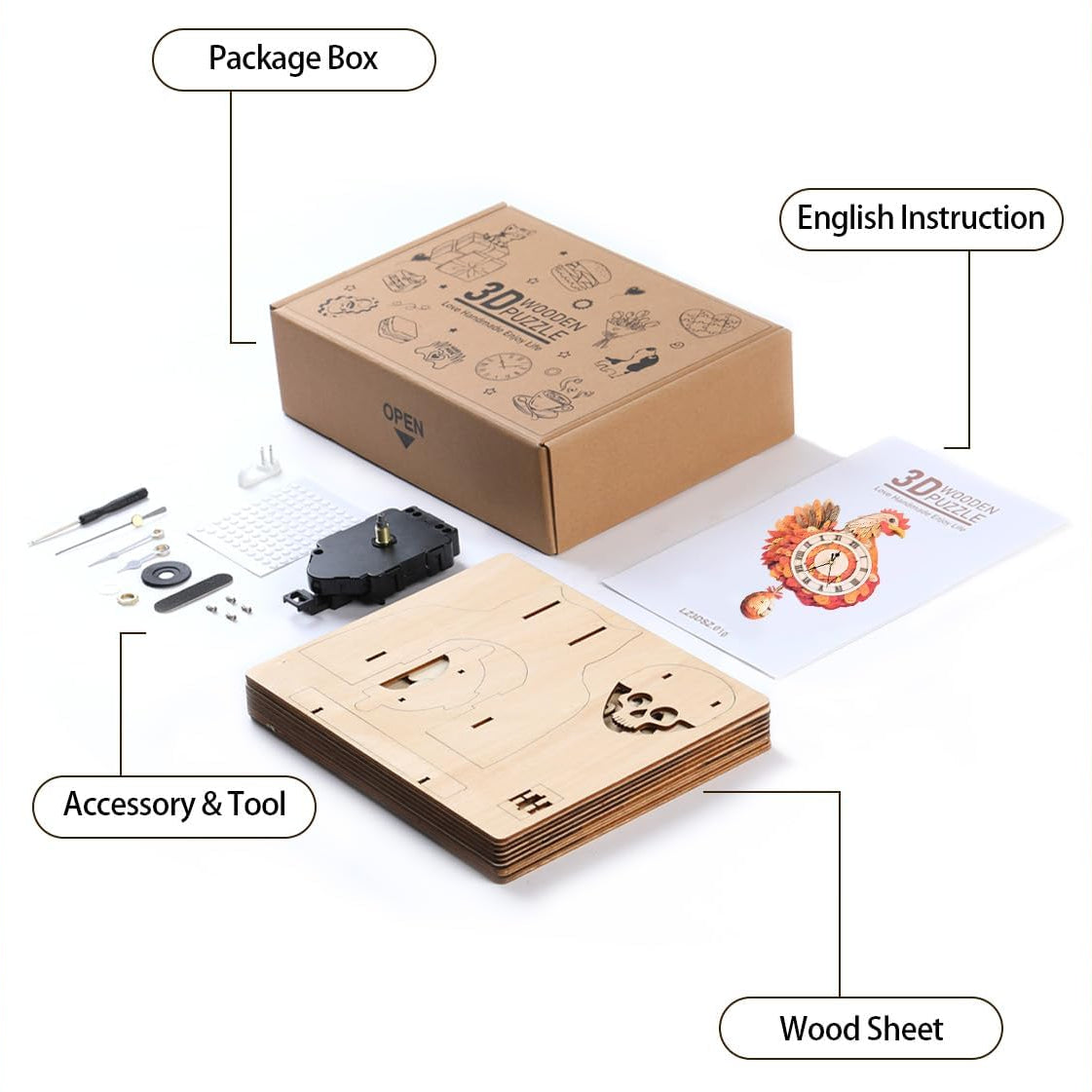 Cluck & Tick Hen 3D Wooden Puzzle Clock, DIY Craft Kit