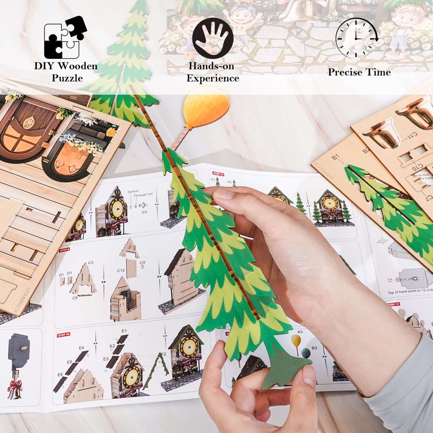 Balloon House 3D Wooden Puzzle Clock, DIY Craft Kit