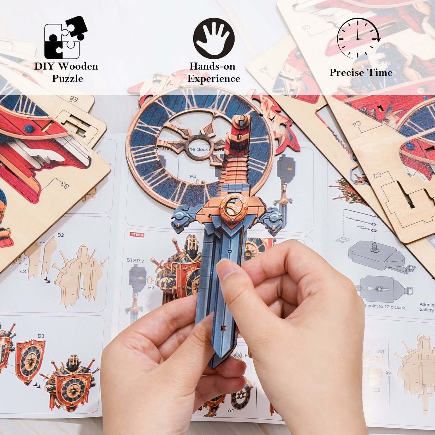 Fearless Knight 3D Wooden Puzzle Clock, DIY Craft Kit