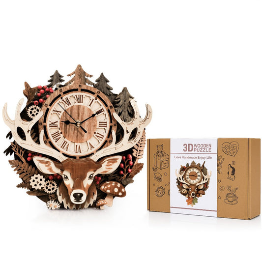 Reindeer 3D Wooden Puzzle Clock, DIY Craft Kit