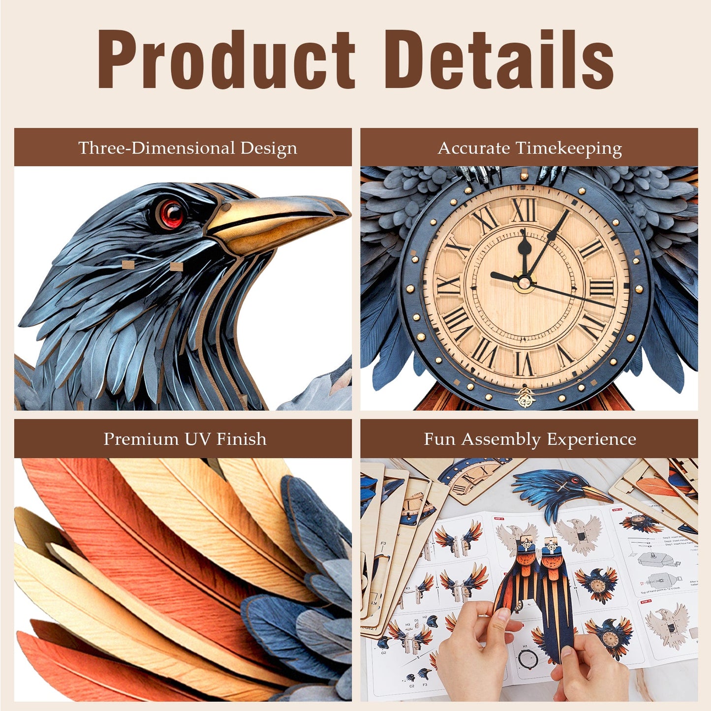 Raven DIY 3D Wooden Puzzle Clock, DIY Craft Kit