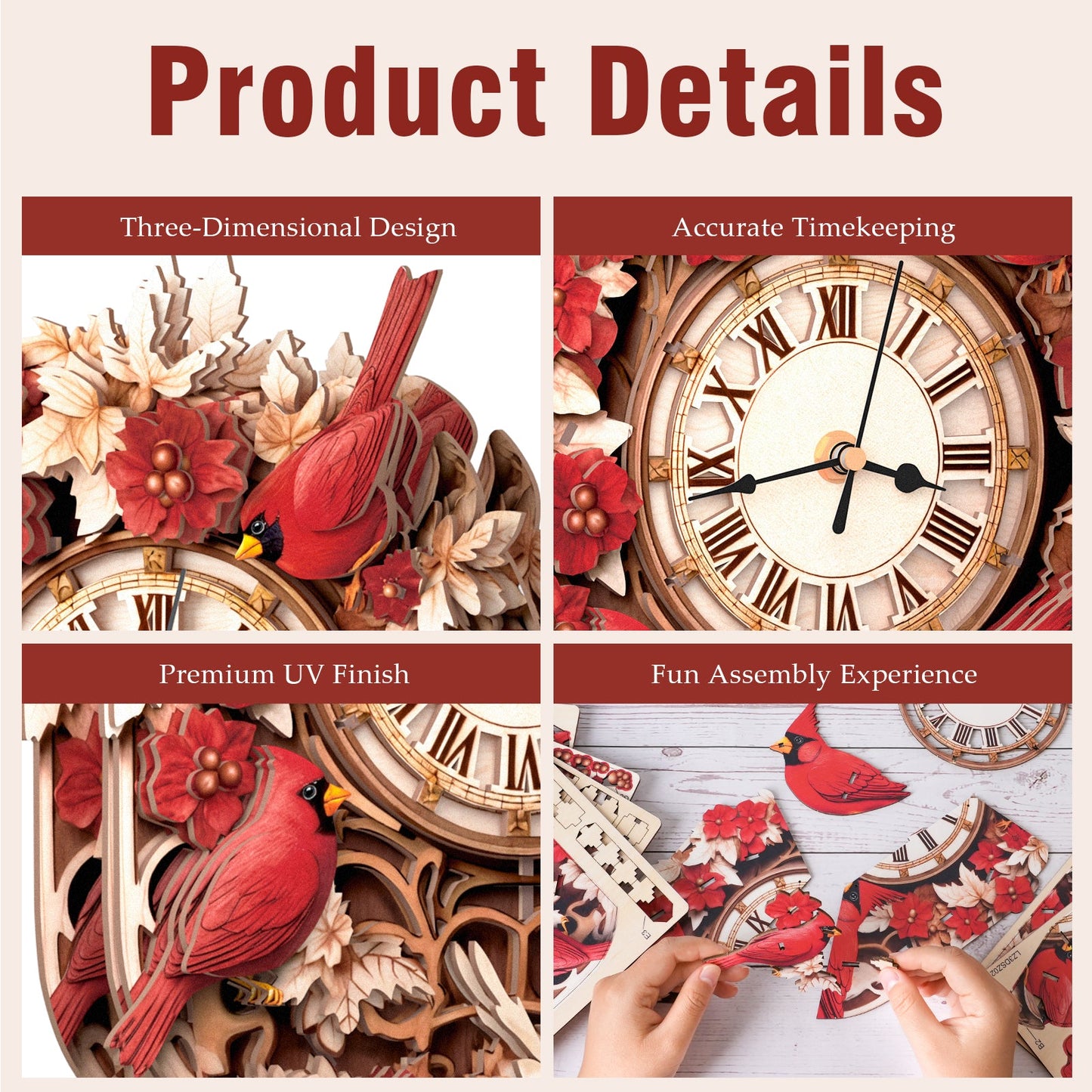 Cardinal Bird 3D Wooden Puzzle Clock, DIY Craft Kit