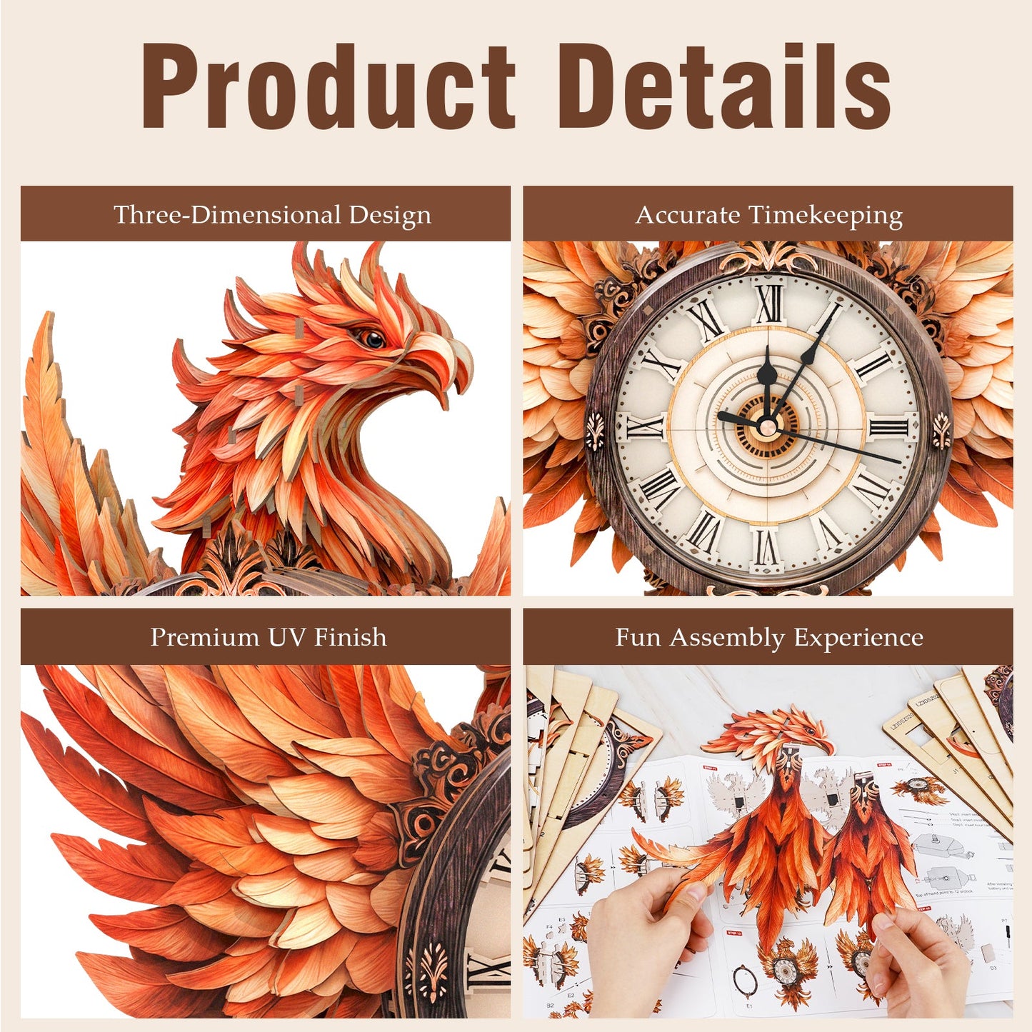 Fire Phoenix 3D Wooden Puzzle Clock, DIY Craft Kit