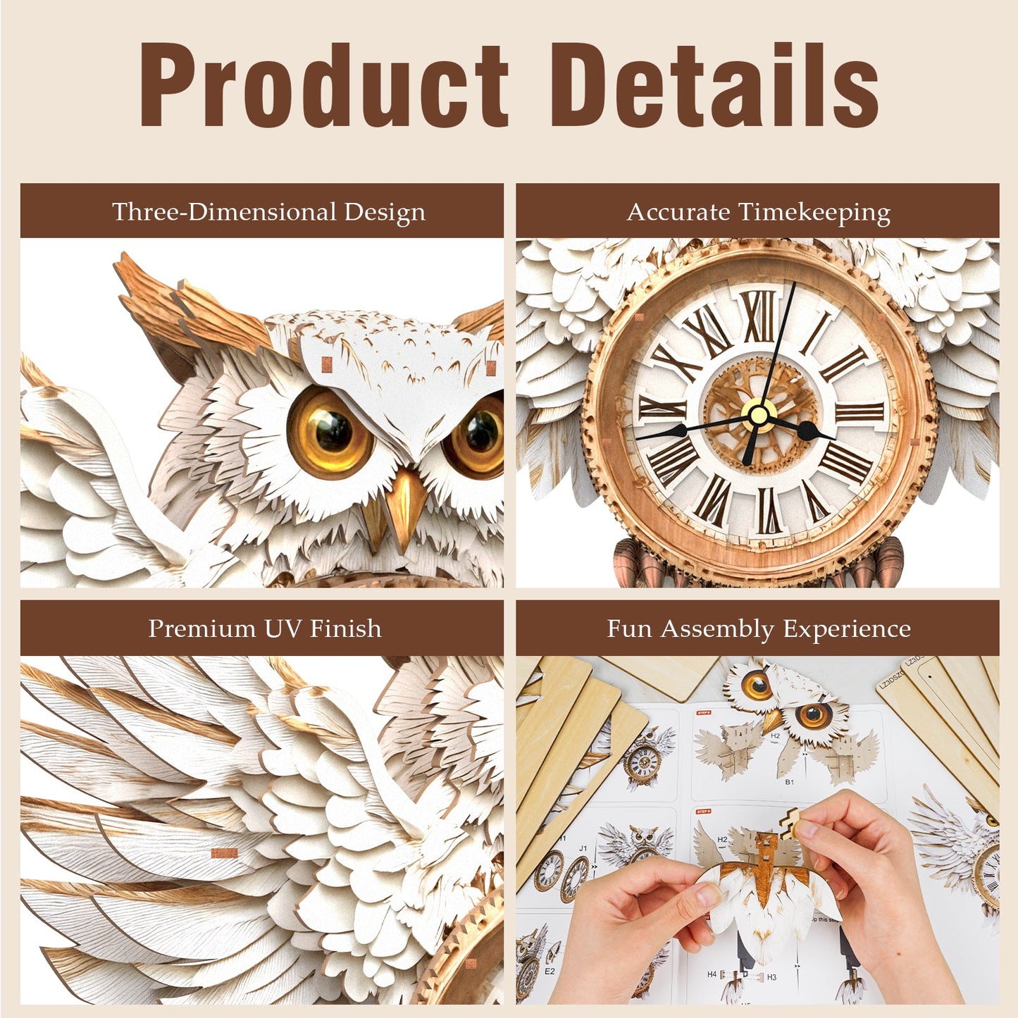Snowy Owl 3D Wooden Puzzle Clock, DIY Craft Kit