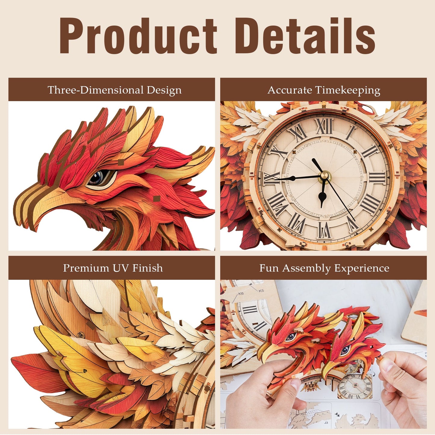Elegant Phoenix 3D Wooden Puzzle Clock, DIY Craft Kit