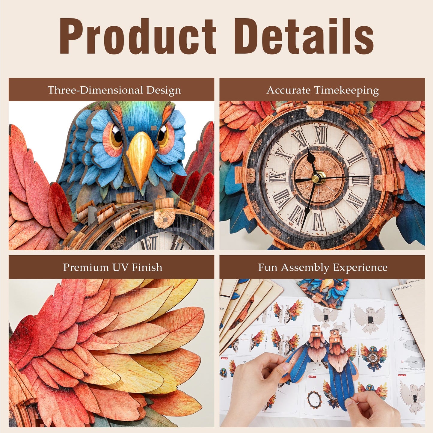 Colorful Parrot 3D Wooden Puzzle Clock, DIY Craft Kit
