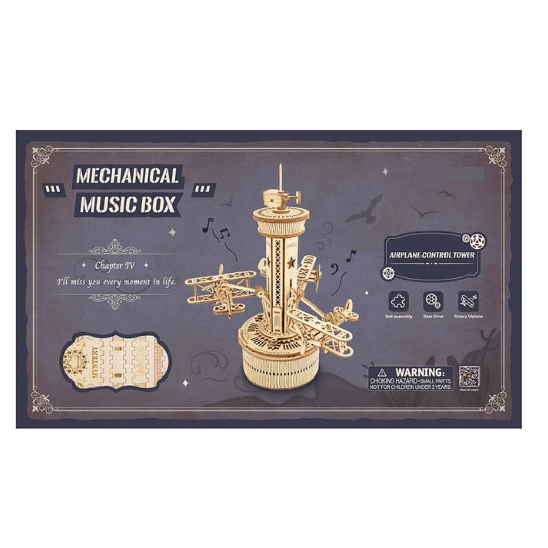 Airplane Control Tower Mechanical Music Box 3D Wooden Puzzle