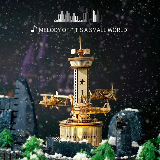 Airplane Control Tower Mechanical Music Box 3D Wooden Puzzle