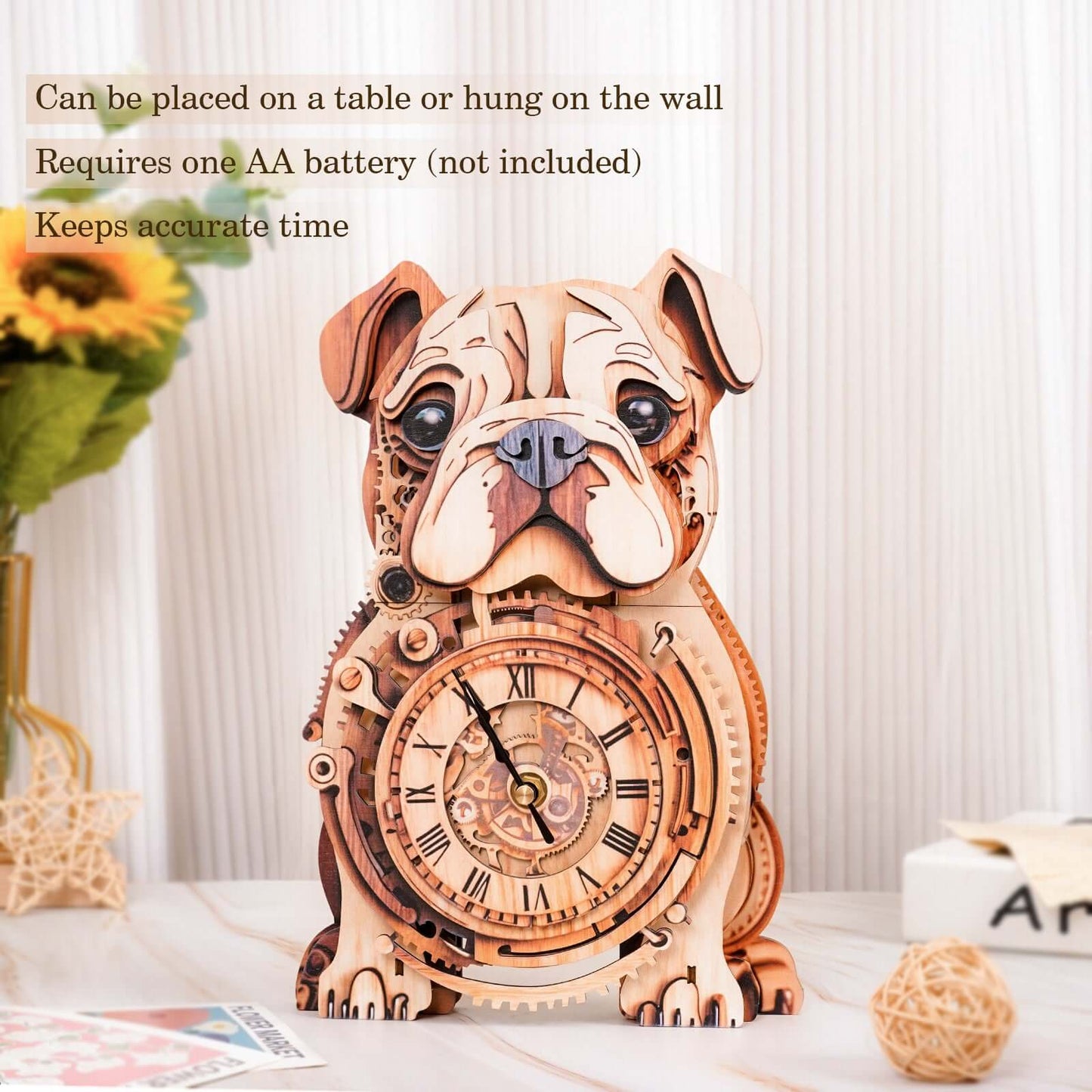 Bulldog 3D Wooden Puzzle Clock, DIY Craft Kit