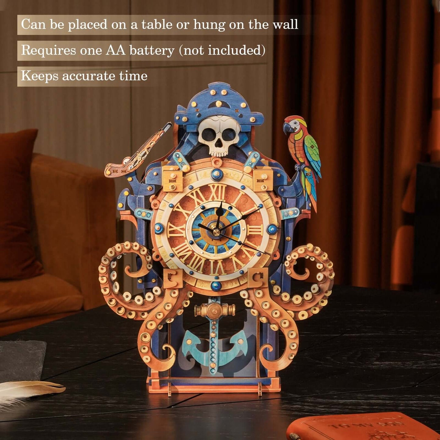 Skull Captain's Phantom Voyage 3D Wooden Puzzle Clock, DIY Craft Kit
