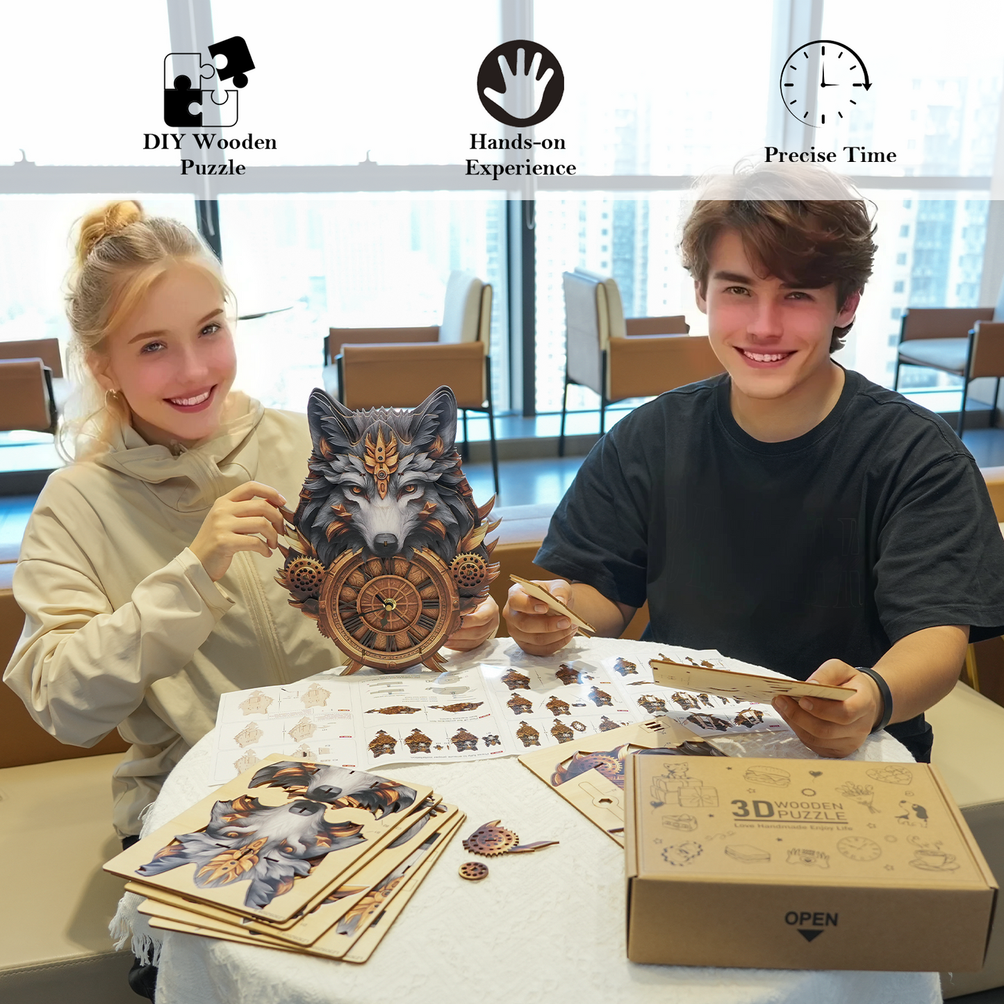 Wolf Totem 3D Wooden Puzzle Clock, DIY Craft Kit