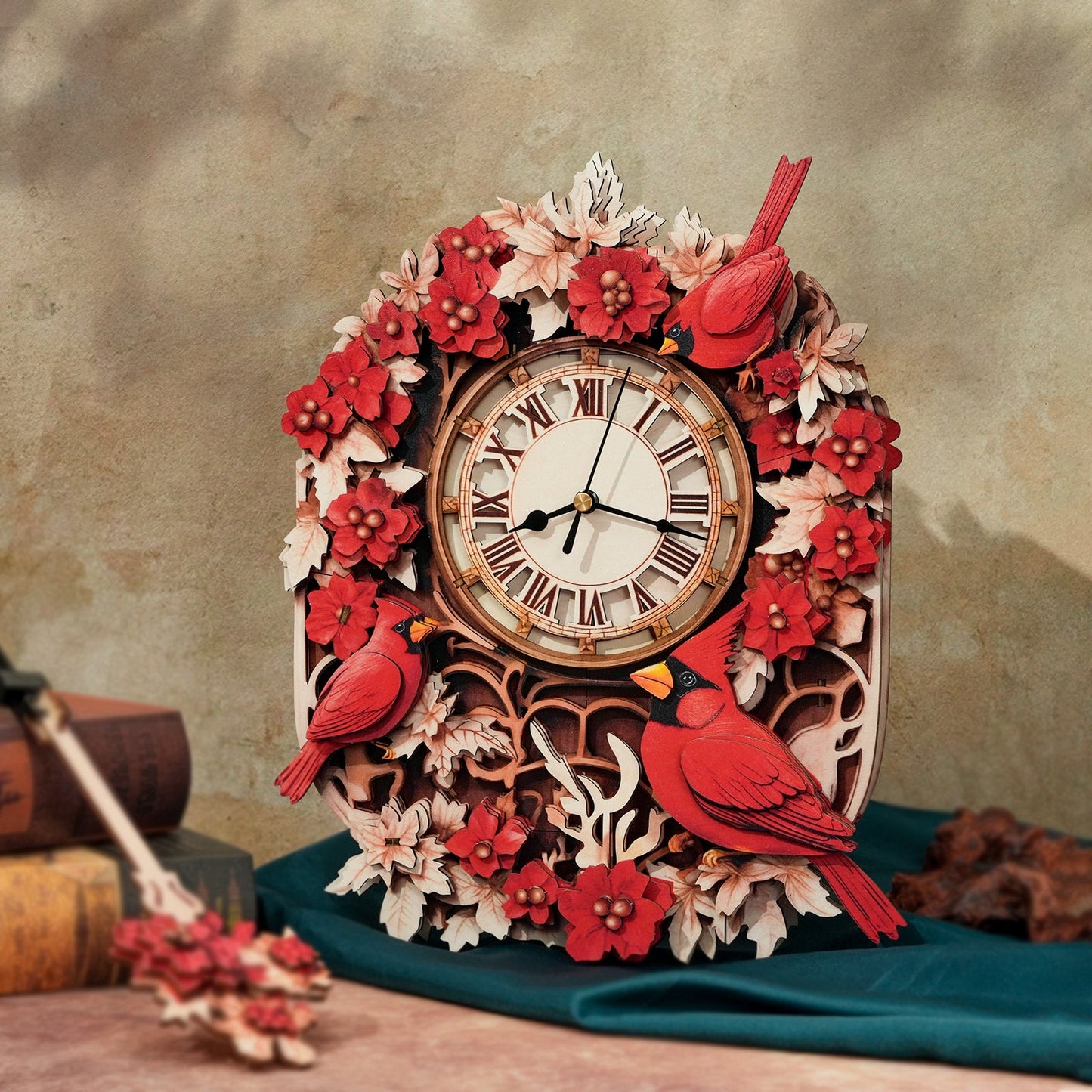 Cardinal Bird 3D Wooden Puzzle Clock, DIY Craft Kit