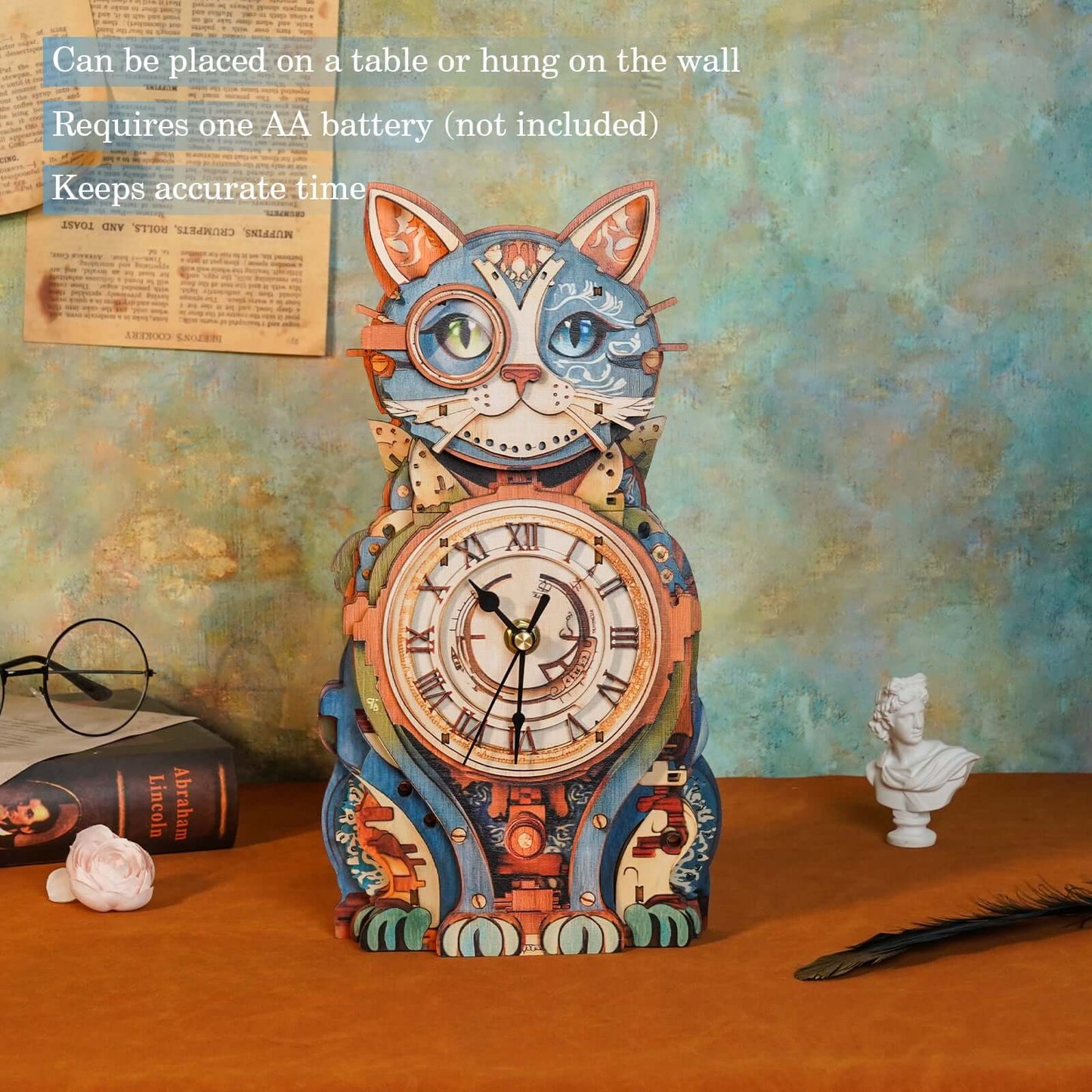 Cat Detective 3D Wooden Puzzle Clock, DIY Craft Kit