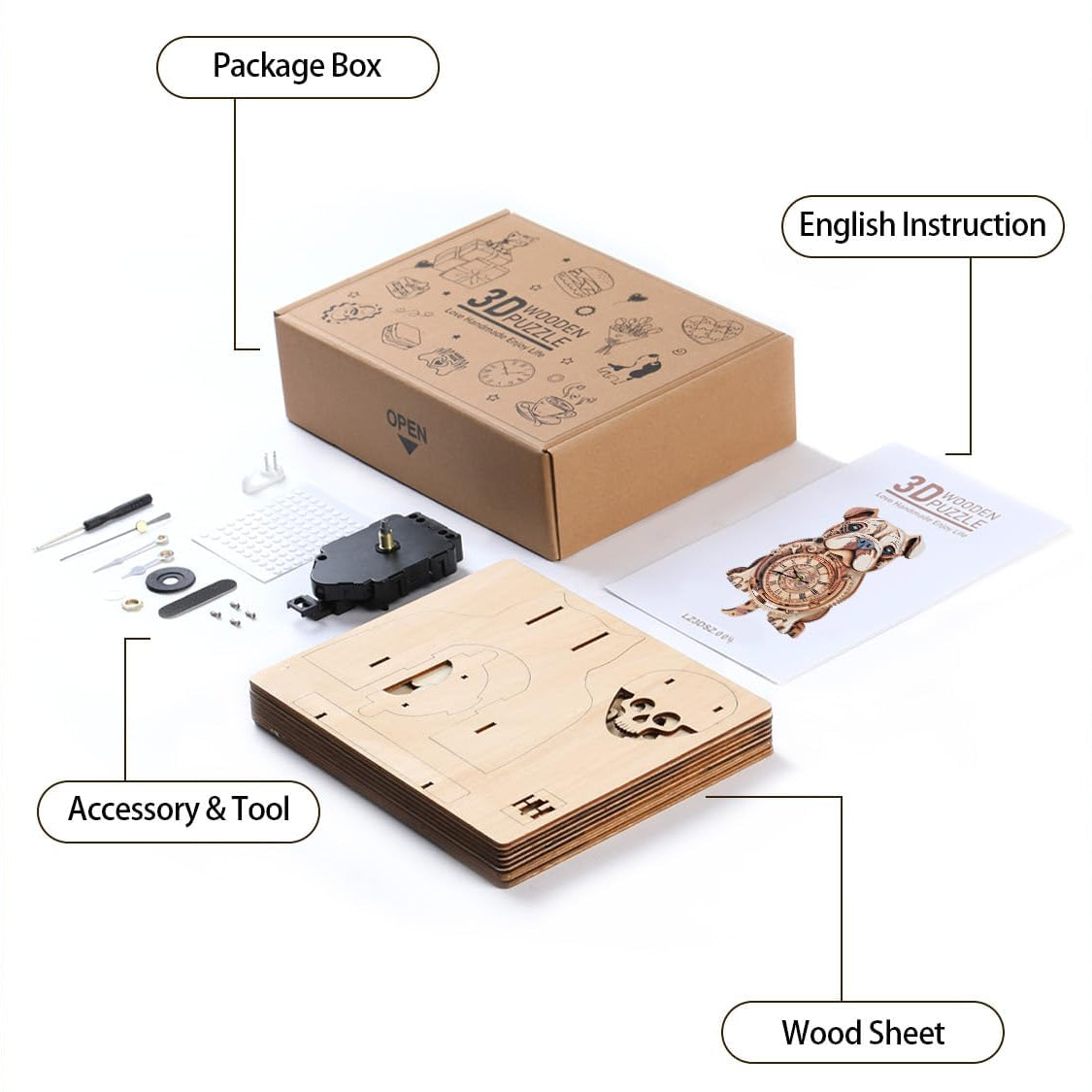 Bulldog 3D Wooden Puzzle Clock, DIY Craft Kit