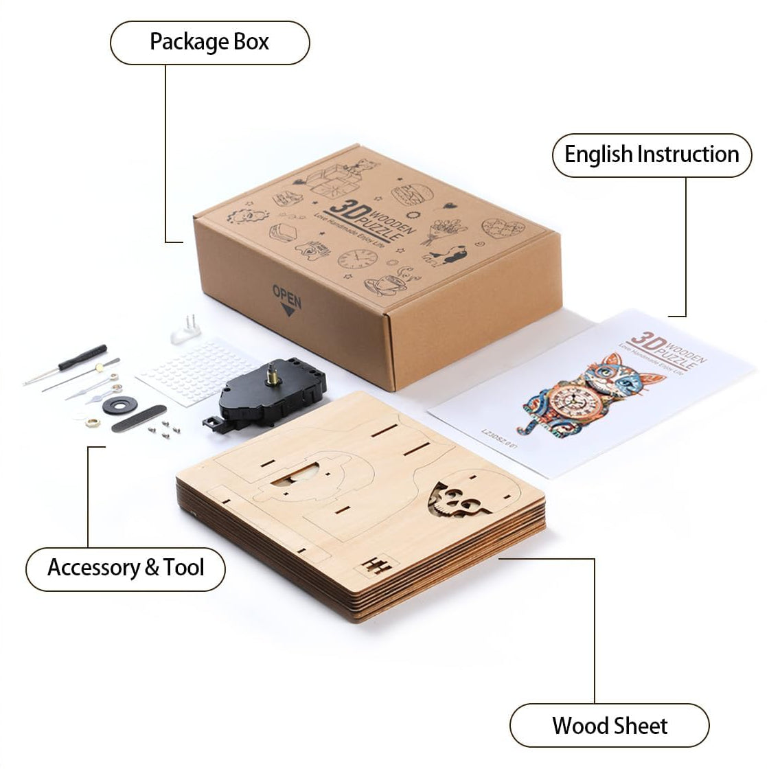 Cat Detective 3D Wooden Puzzle Clock, DIY Craft Kit