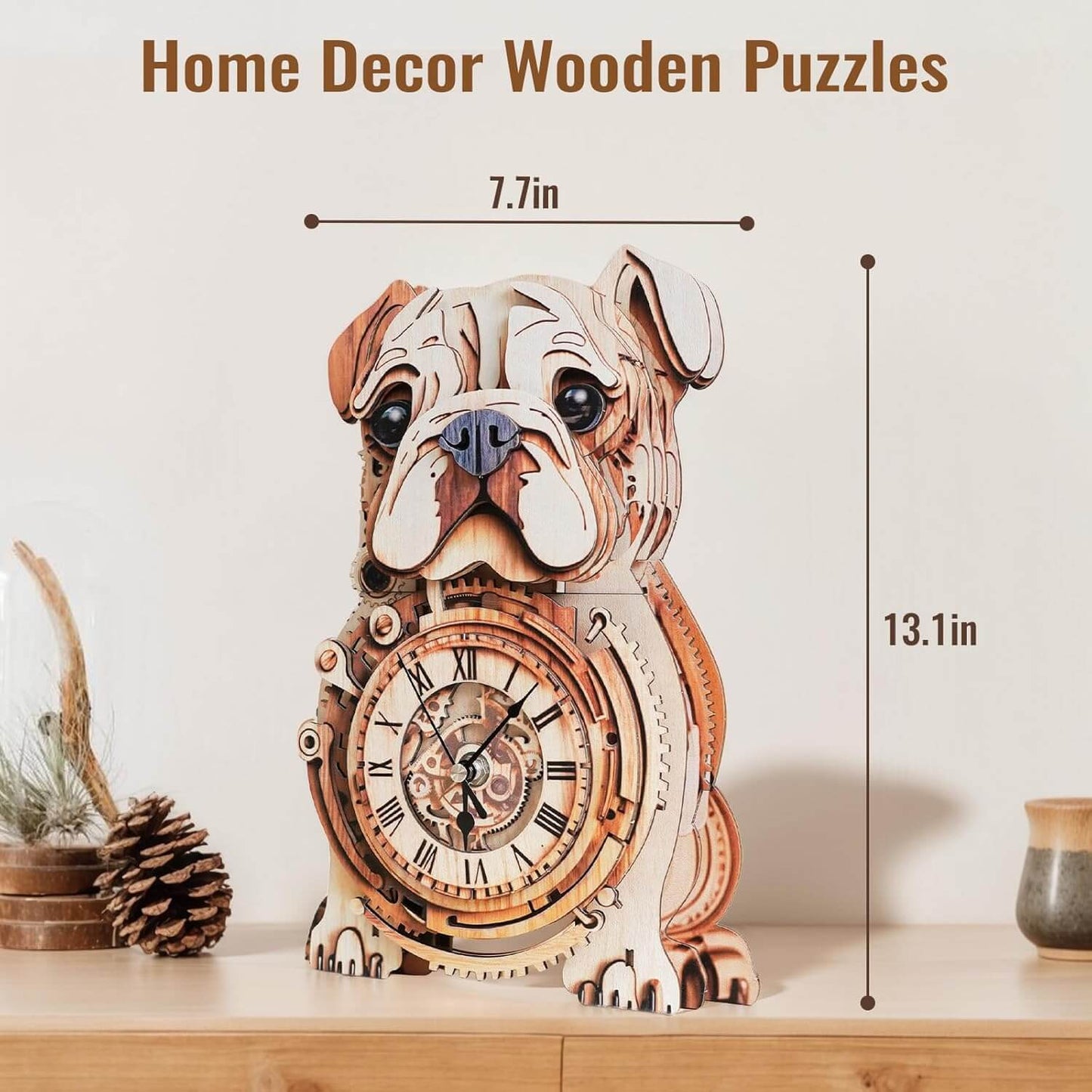 Bulldog 3D Wooden Puzzle Clock, DIY Craft Kit