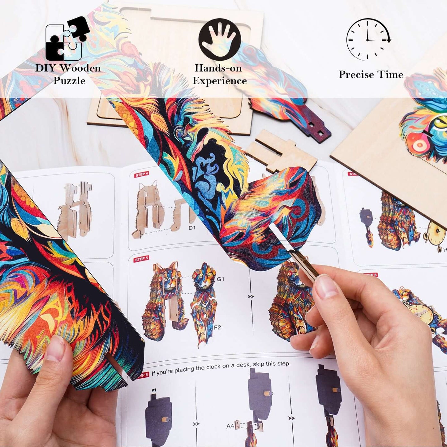 Maine Coon 3D Wooden Puzzle Clock, DIY Craft Kit