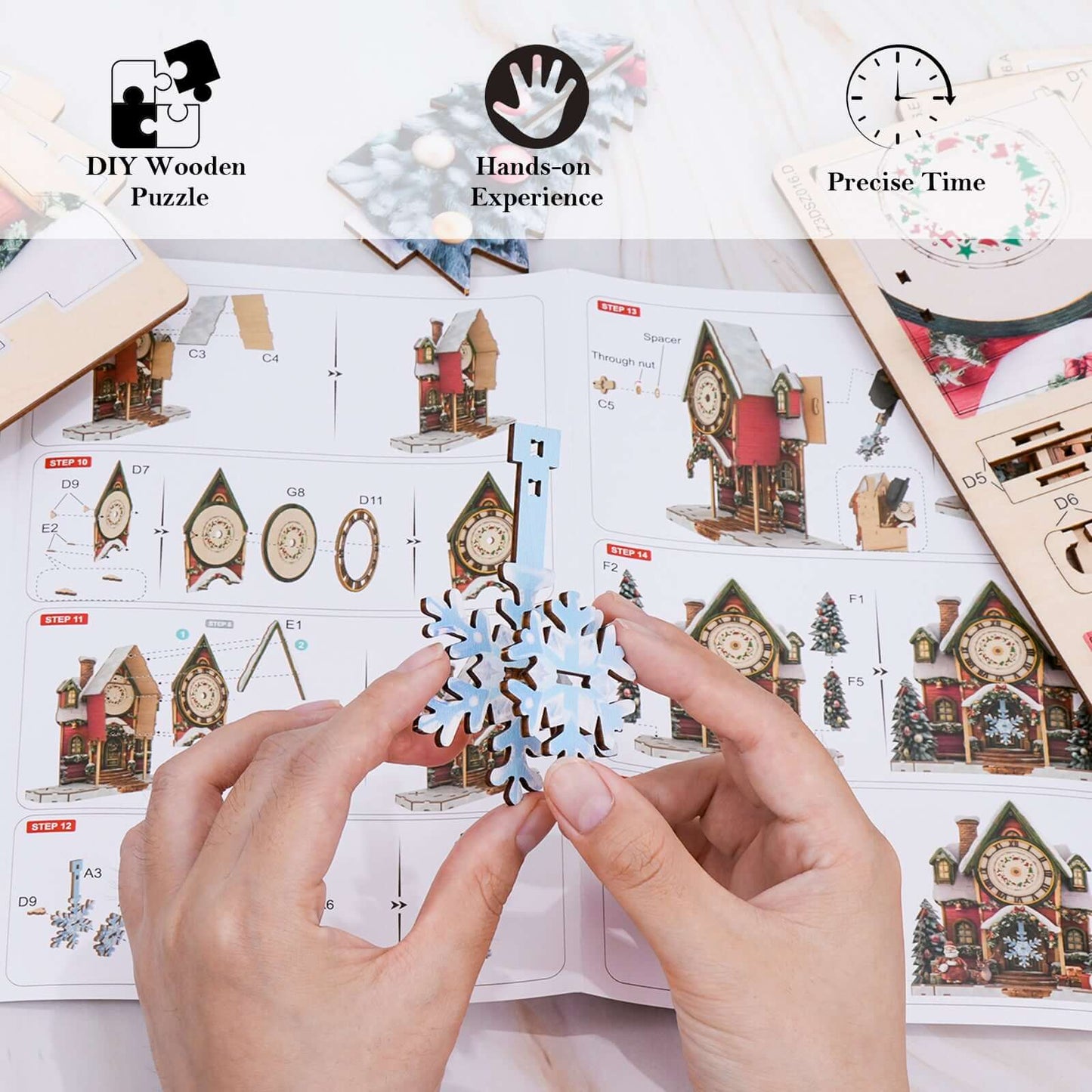 Warm Christmas 3D Wooden Puzzle Clock, DIY Craft Kit