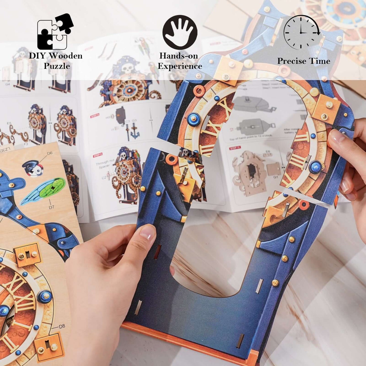 Skull Captain's Phantom Voyage 3D Wooden Puzzle Clock, DIY Craft Kit