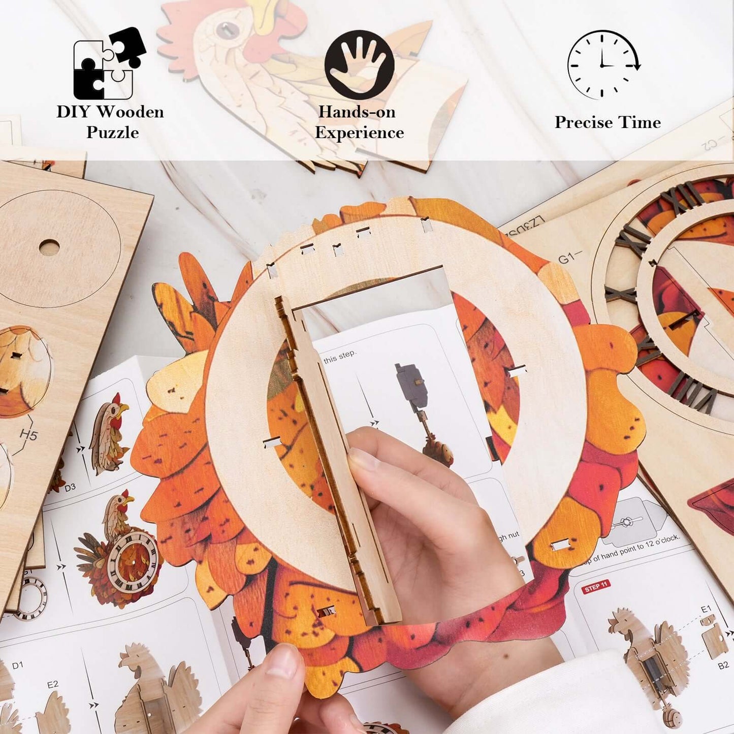Cluck & Tick Hen 3D Wooden Puzzle Clock, DIY Craft Kit