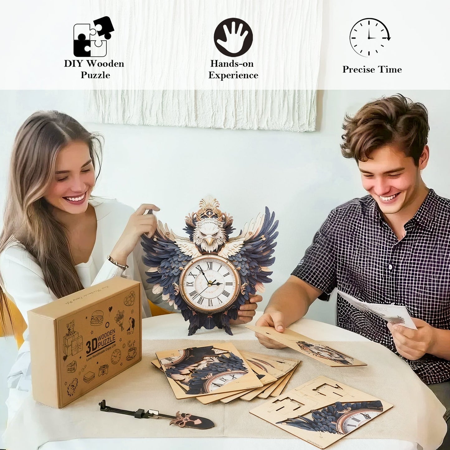 Majestic Eagle 3D Wooden Puzzle Clock, DIY Craft Kit