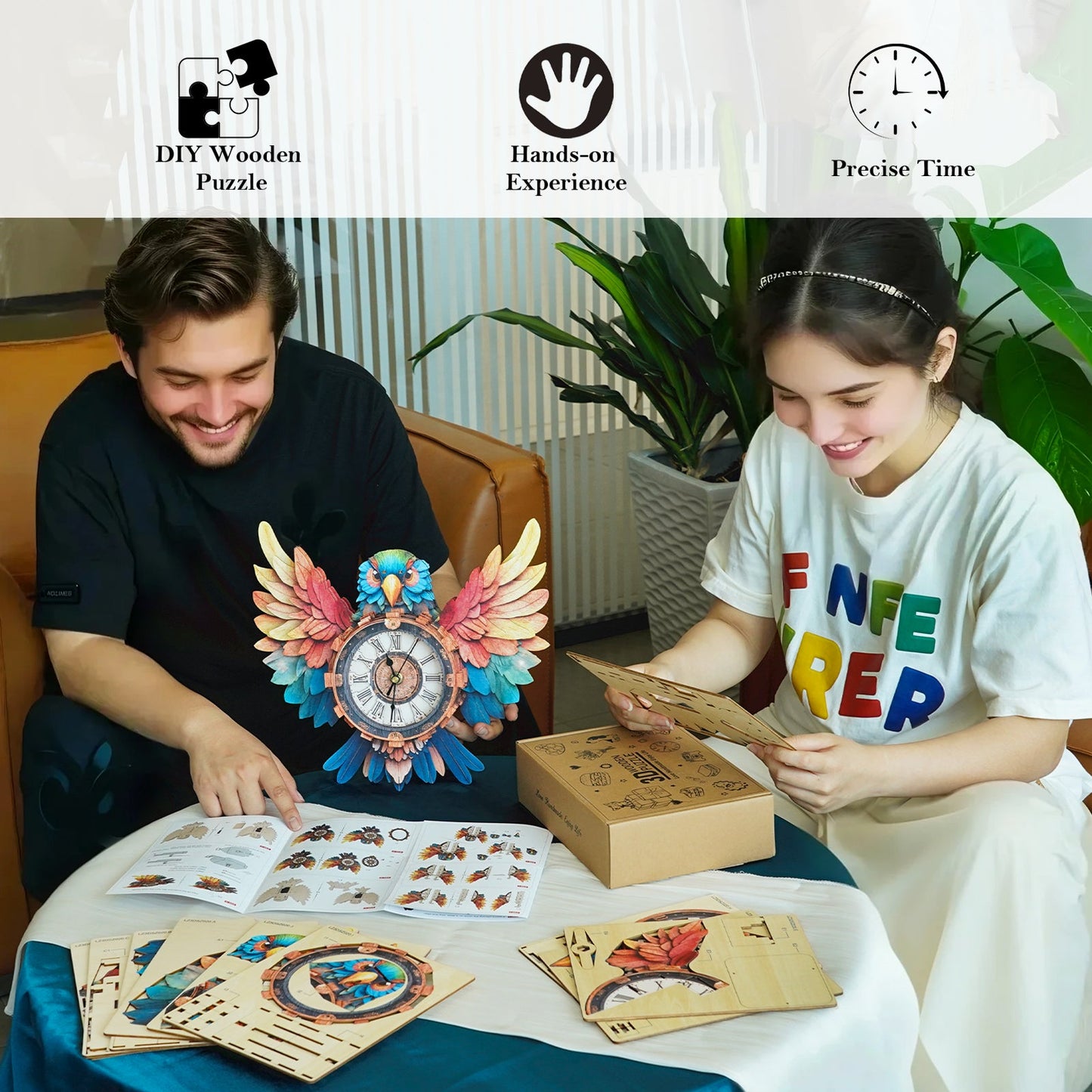 Colorful Parrot 3D Wooden Puzzle Clock, DIY Craft Kit