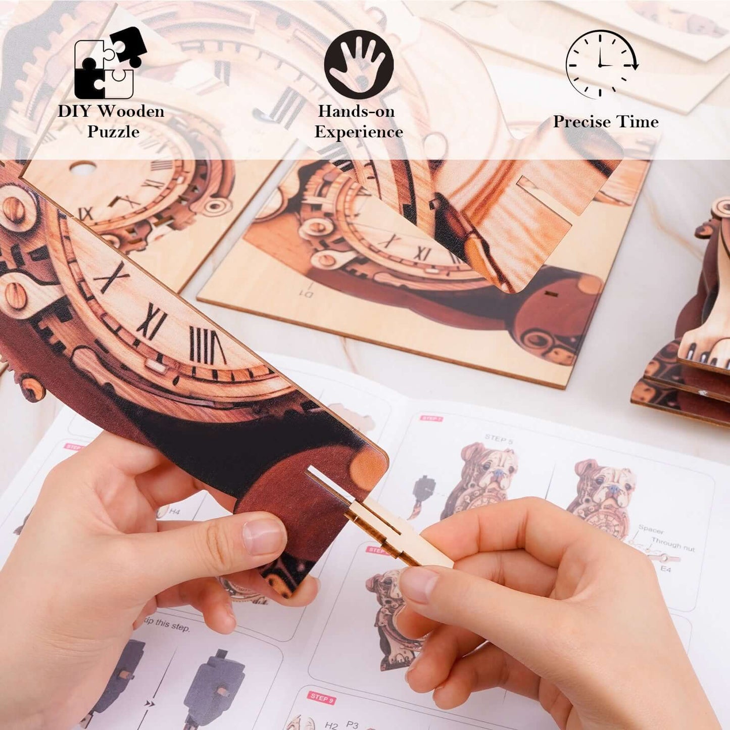 Bulldog 3D Wooden Puzzle Clock, DIY Craft Kit