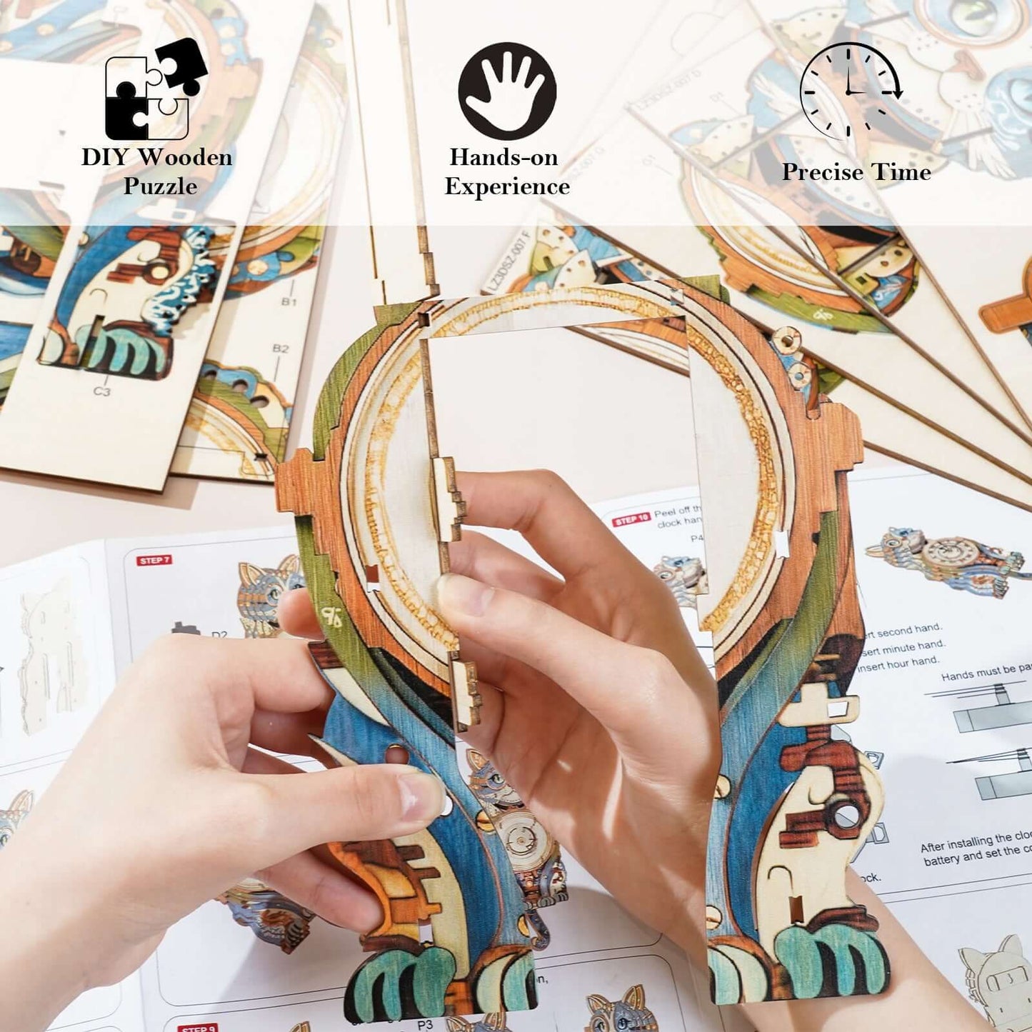 Cat Detective 3D Wooden Puzzle Clock, DIY Craft Kit