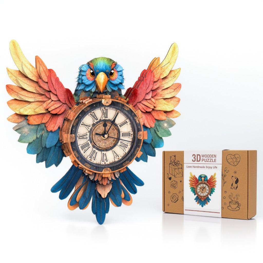Colorful Parrot 3D Wooden Puzzle Clock, DIY Craft Kit