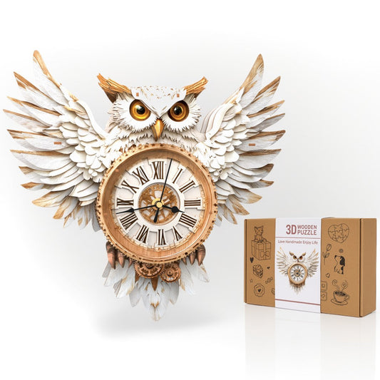 Snowy Owl 3D Wooden Puzzle Clock, DIY Craft Kit