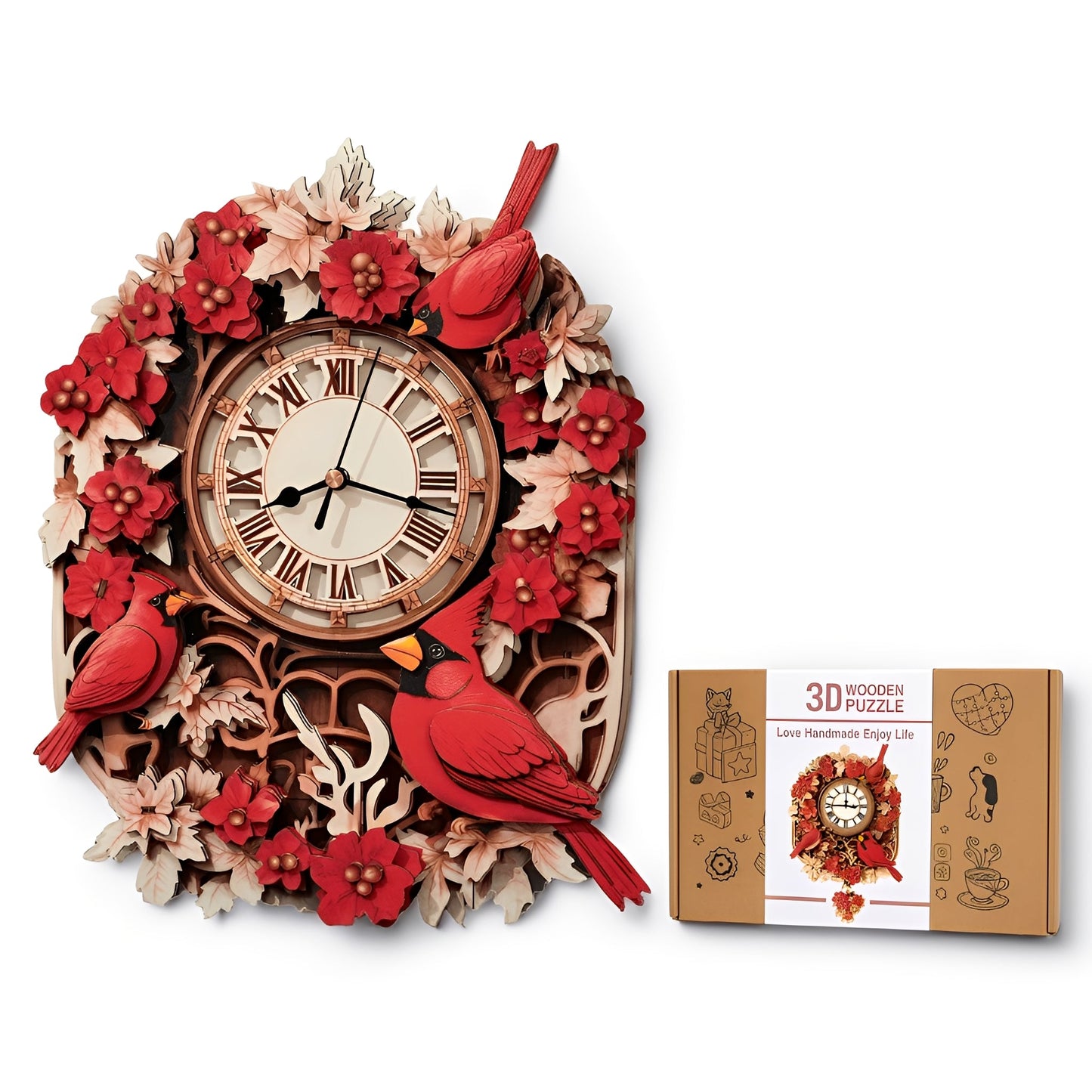Cardinal Bird 3D Wooden Puzzle Clock, DIY Craft Kit