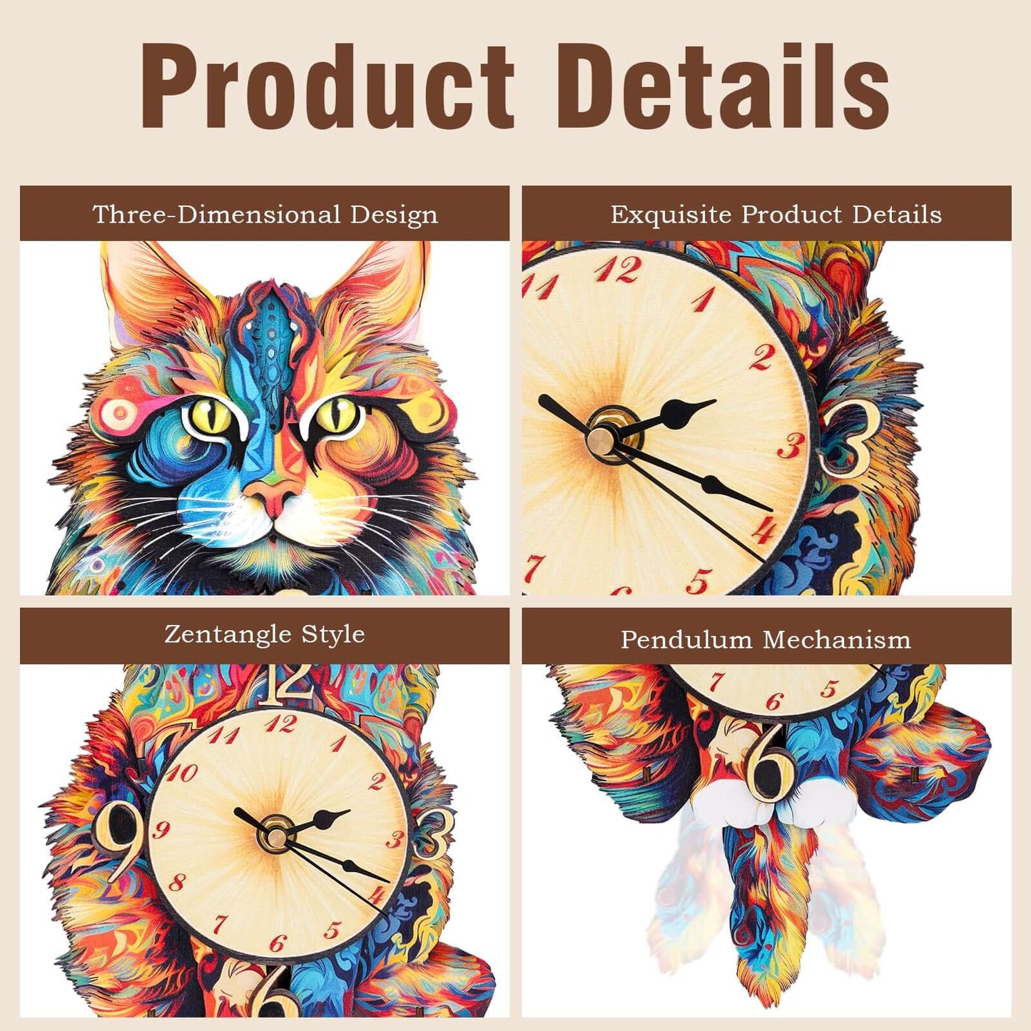 Maine Coon 3D Wooden Puzzle Clock, DIY Craft Kit