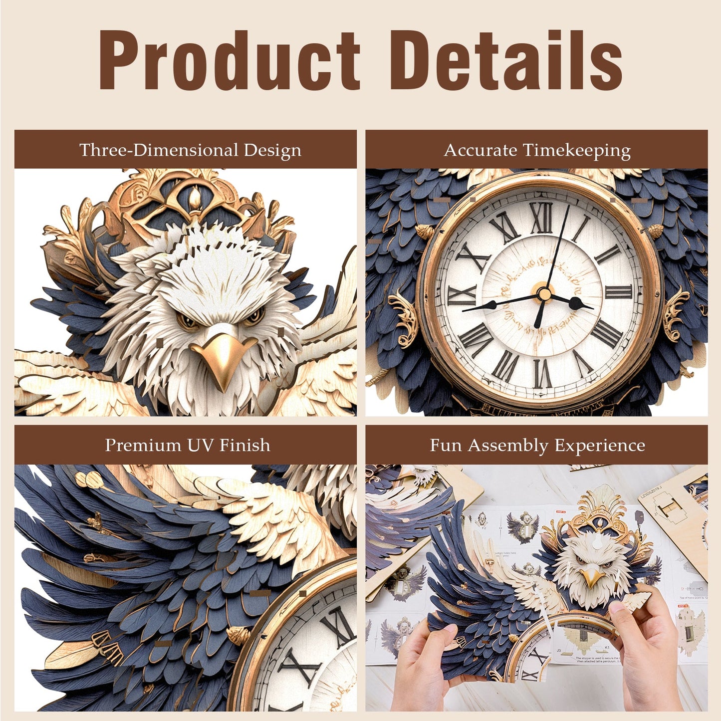 Majestic Eagle 3D Wooden Puzzle Clock, DIY Craft Kit