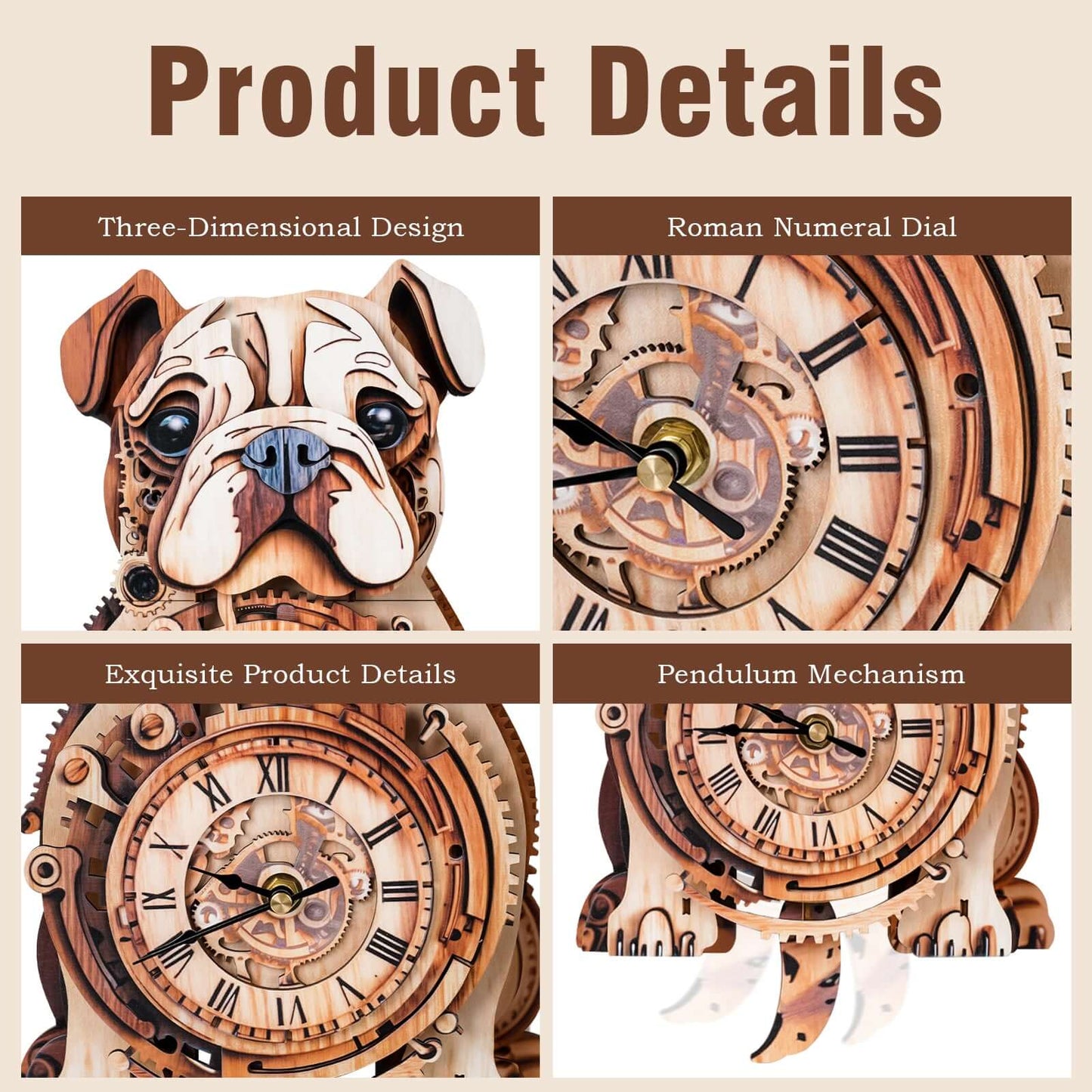Bulldog 3D Wooden Puzzle Clock, DIY Craft Kit