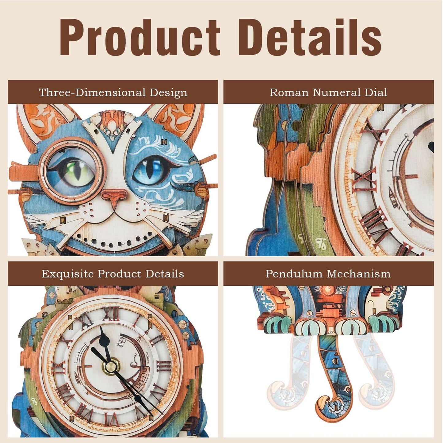 Cat Detective 3D Wooden Puzzle Clock, DIY Craft Kit