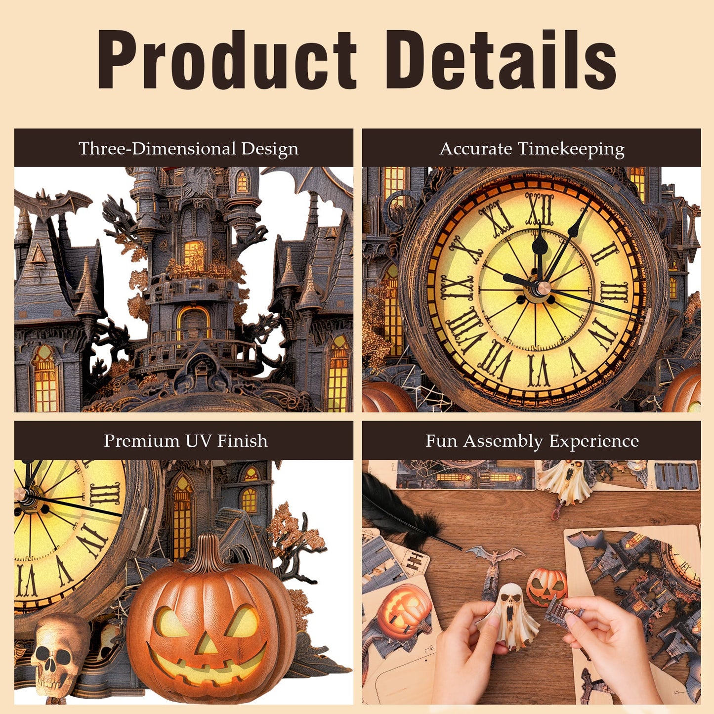 Spooky Castle 3D Wooden Puzzle Clock, DIY Craft Kit