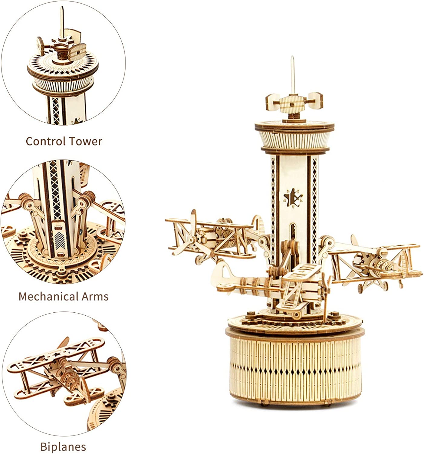 Airplane Control Tower Mechanical Music Box 3D Wooden Puzzle