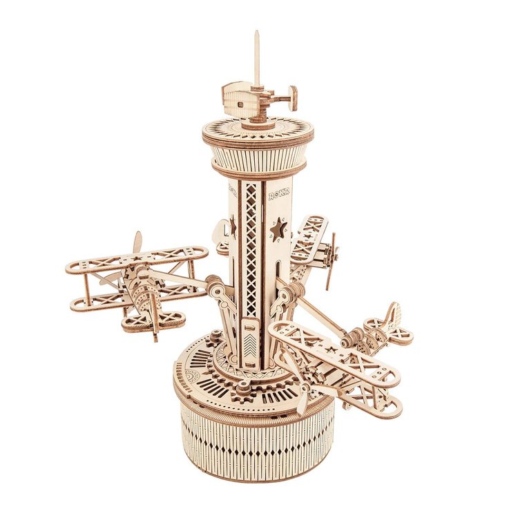 Airplane Control Tower Mechanical Music Box 3D Wooden Puzzle