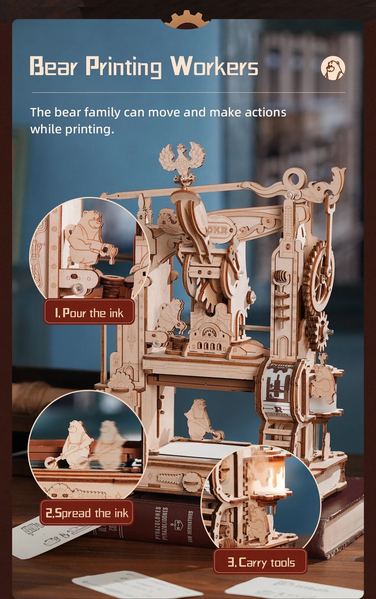 Classic Little Bears Printing Press DIY 3D Wooden Puzzle