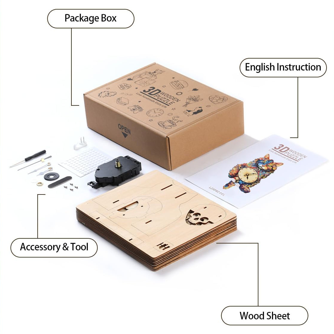 Maine Coon 3D Wooden Puzzle Clock, DIY Craft Kit