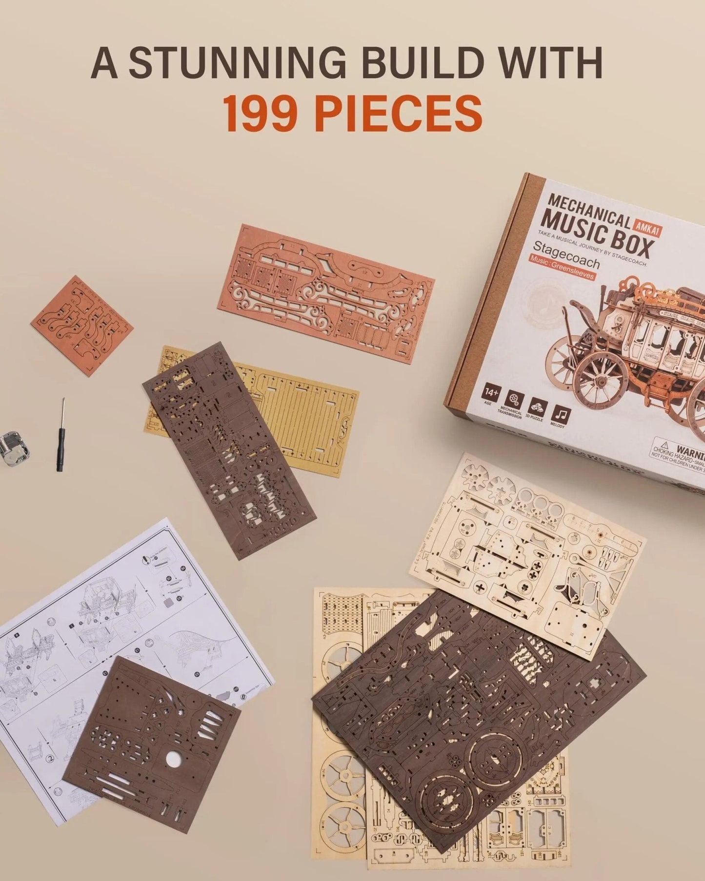 Stagecoach Mechanical Music Box 3D Wooden Puzzle