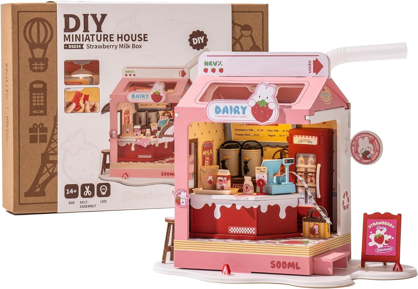 Strawberry Milk Box - Food Box Shop DIY Miniature House Kit
